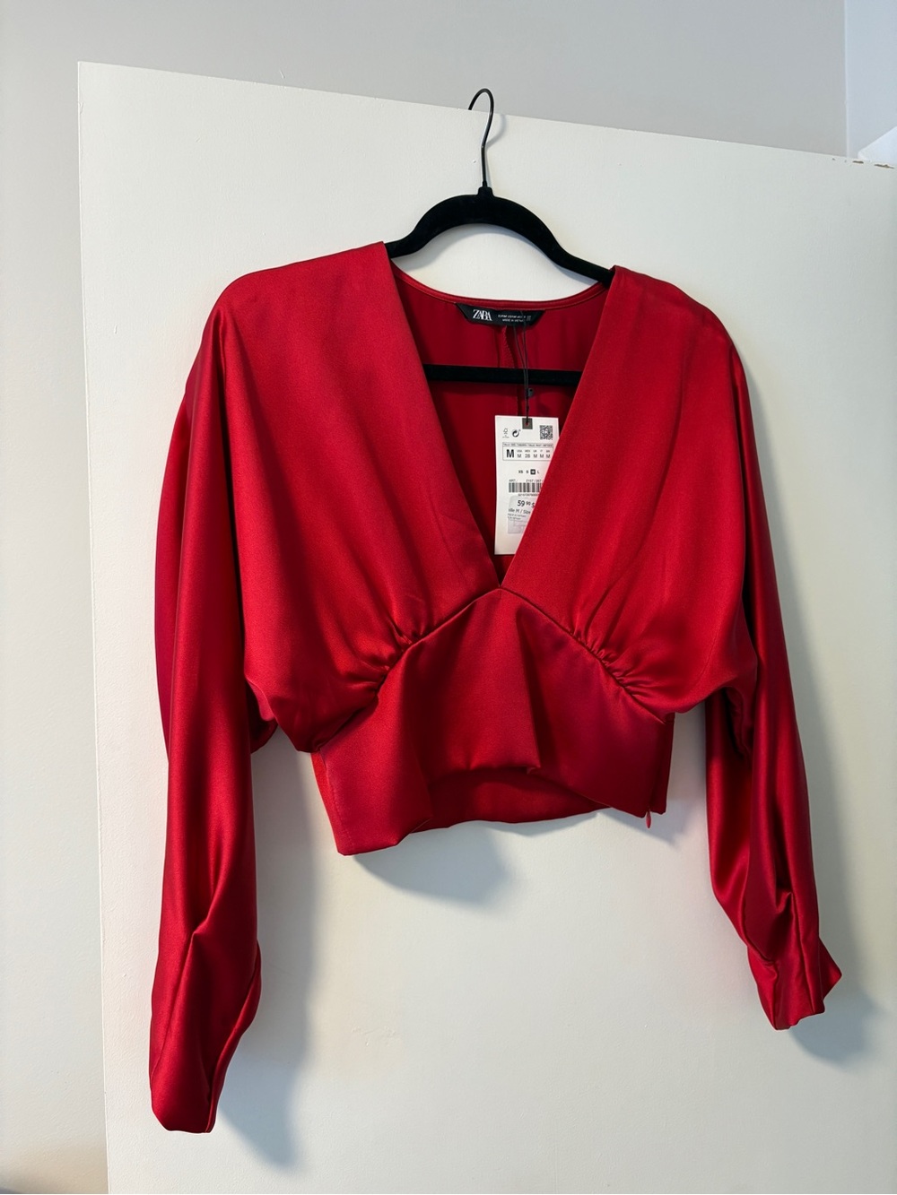 ZARA Red V-Neck Gathered Waist Cropped Blouse